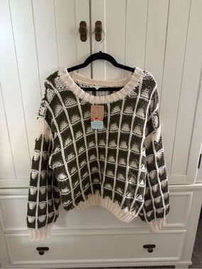 Blu Pepper Olive Green and Cream Grid Crewneck Sweater
